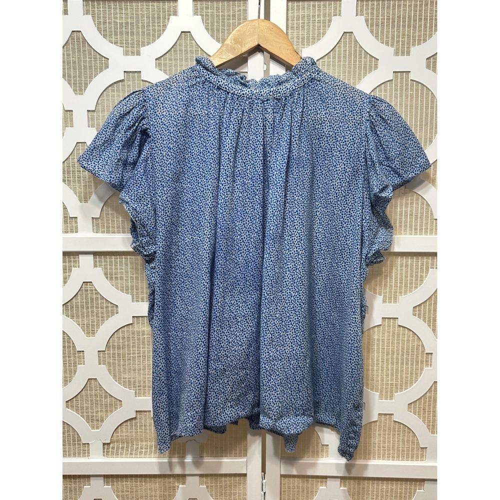 Trovata Birds of Paradis Carla Blouse Women L Blue Flutter Sleeve Top Cottage